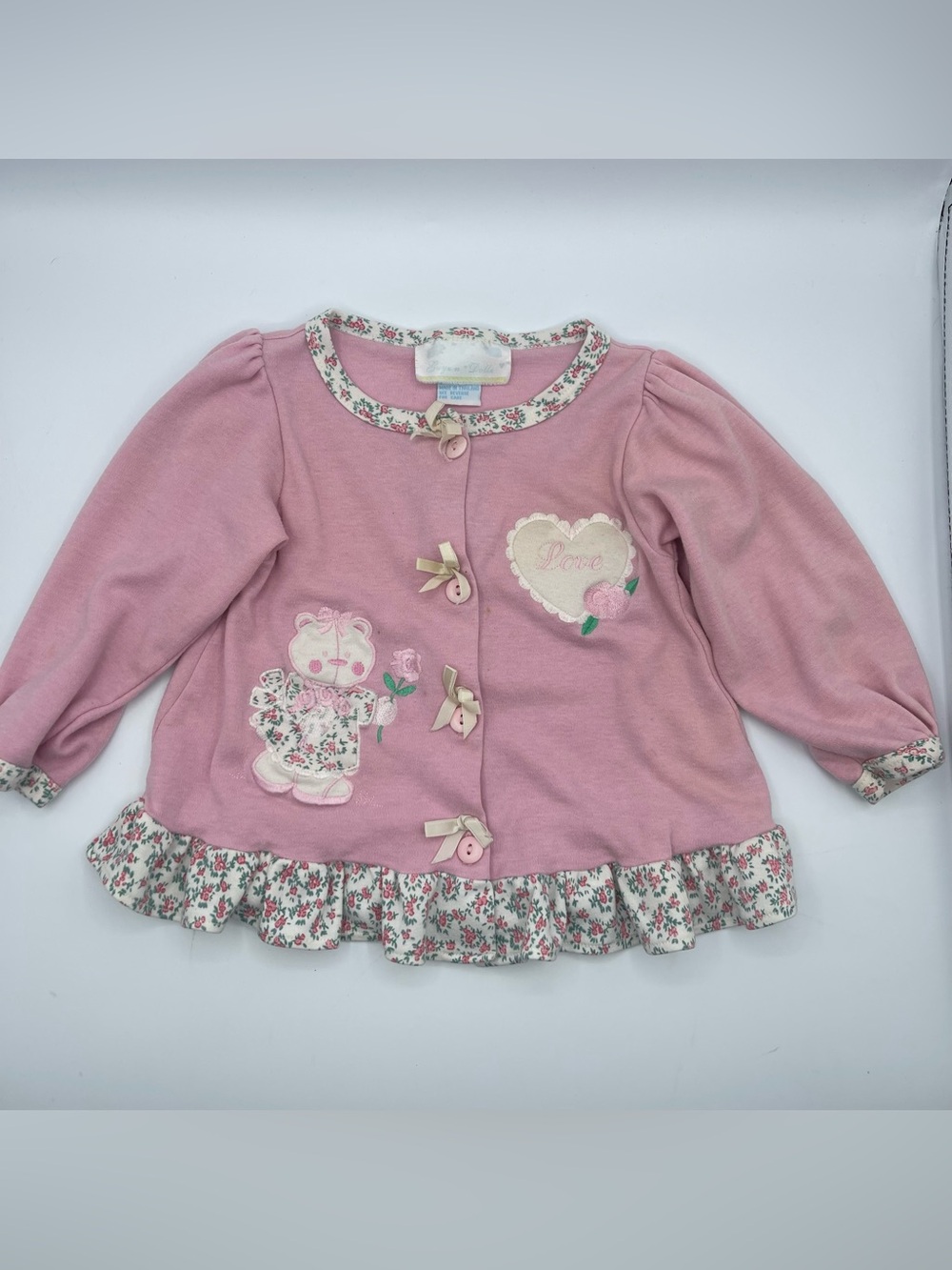 Vintage baby girls cardigan sweater top pink teddy bear embroidered size 24 M